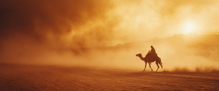 A solitary figure rides a camel across a vast desert landscape as a dramatic sunset casts warm orange tones, surrounded by swirling dust clouds.の素材
