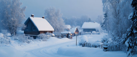 The quiet countryside is enveloped in a thick blanket of snow, highlighting quaint houses and trees as twilight settles in, creating a serene atmosphere.の素材