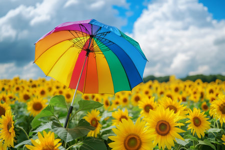 A vibrant rainbow umbrella contrasts beautifully against a field of blooming sunflowers, creating a cheerful scene under a clear blue sky filled with fluffy clouds.の素材
