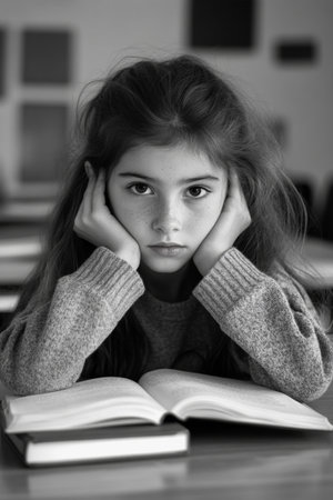 A girl with long hair sits at a desk with an open book, resting her head on her hands. She appears thoughtful in a classroom filled with natural light.の素材