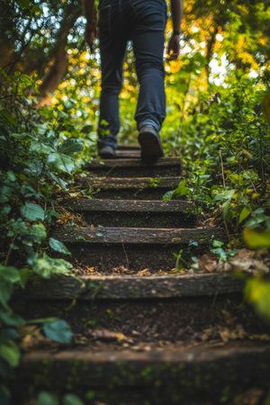 A figure ascends wooden steps lined with vibrant foliage, enjoying a peaceful walk in a tranquil forest during a bright afternoon outdoors.の素材
