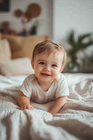 A smiling baby is crawling on a soft bed, displaying joy and curiosity. The setting features warm tones and inviting decor, creating a cozy atmosphere.の素材