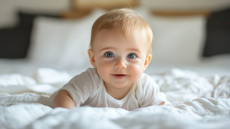A cheerful baby with blue eyes is crawling on a white bedspread, radiating happiness in a softly lit room filled with a warm ambiance.の素材