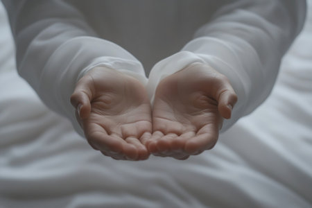 Hands are held out in a gesture of offering, showing a sense of openness and generosity in a softly illuminated indoor setting during the evening light.の素材