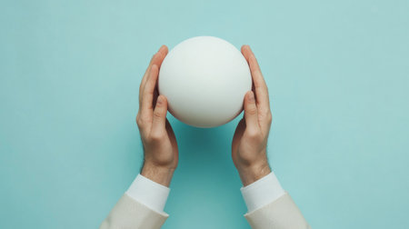 Two hands carefully grasping a smooth white sphere, contrasting with the soft light blue backdrop, creating a calm and focused aesthetic.の素材