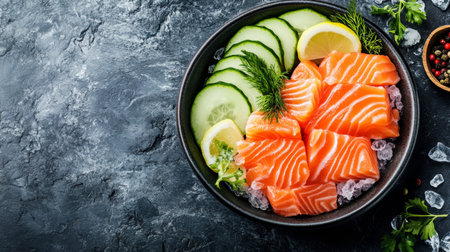 Delicious salmon sashimi presented artfully on ice, accompanied by slices of cucumber and lemon, highlighting freshness and culinary artistry.の素材