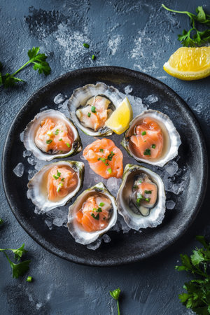A plate of fresh oysters filled with salmon and garnished with lemon wedges sits atop crushed ice, ready to be enjoyed as a delicious seafood appetizer.の素材