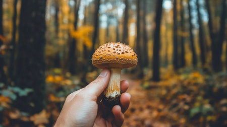 In a tranquil forest during autumn, a person holds a striking, orange mushroom topped with distinct spots. The surrounding trees display vibrant foliage.の素材