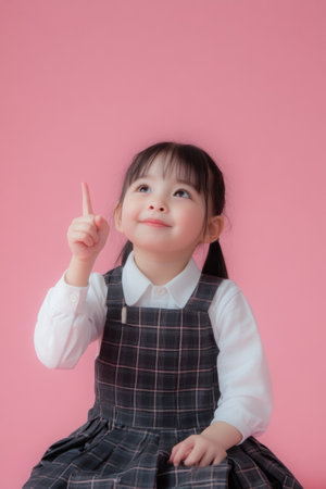 A young Asian girl wearing a stylish checkered dress with her hair in pigtails enthusiastically points upward, expressing wonder in front of a soft pink backdrop. With copy space for text.の素材
