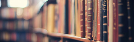 A collection of antique books fills the shelves of a serene library, illuminated by soft afternoon sunlight streaming through the windows.の素材