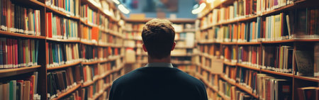 In a welcoming library, an individual gazes at the towering shelves filled with books, contemplating their next read surrounded by knowledge and tranquility.の素材