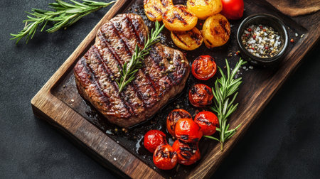 A beautifully arranged platter showcases a juicy grilled steak accompanied by colorful roasted tomatoes and potatoes garnished with fresh herbs, inviting a gourmet experience.の素材