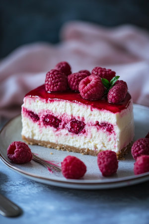 A slice of raspberry cheesecake adorned with fresh raspberries and a glossy topping sits on a plate, surrounded by scattered berries, creating an inviting dessert display.の素材