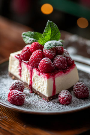 A slice of creamy cheesecake is adorned with vibrant fresh raspberries and a sprig of mint, drizzled with raspberry sauce, set on a rustic wooden table in a cozy cafe.の素材