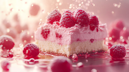 A mouthwatering raspberry dessert features layers of fluffy cream and a soft sponge base, garnished with fresh raspberries on a reflective surface.の素材