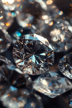 Brilliantly cut diamonds sparkle with various reflections, showcasing their clarity and brilliance in a detailed arrangement, highlighting their gem-quality features.の素材
