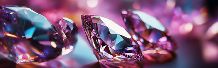 A collection of vibrant crystal gems catches the light, showcasing brilliant colors and complex reflections on a smooth surface, creating a captivating visual display.の素材