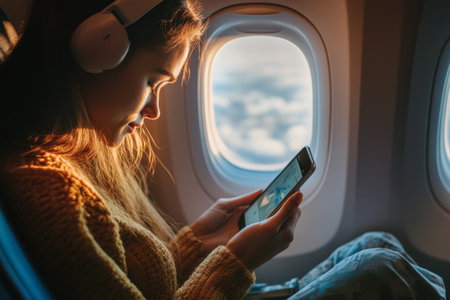 A woman wearing headphones focuses on her smartphone, seated by an airplane window, with the sunset casting warm light across her face and the clouds visible outside.の素材
