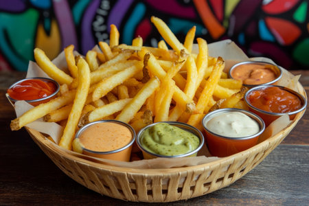 Enjoy a basket filled with crispy French fries paired with an assortment of delicious dipping sauces. The setting features a wooden table and vibrant colors that enhance the experience.の素材