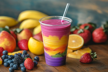 Brightly colored fruit smoothie fills a transparent cup with a straw, sitting on a wooden table among fresh fruits like berries and citrus. A vibrant display of flavors awaits.の素材