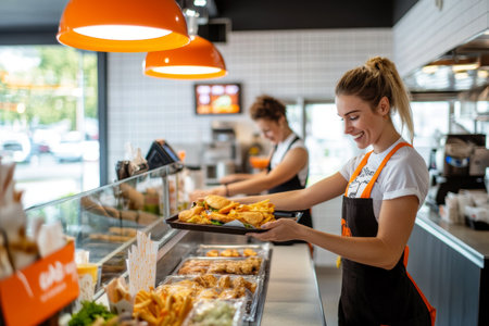 In a bright fast food establishment, friendly staff hand over a tray filled with tasty meals. The atmosphere is lively, showcasing clean designs and vibrant branding, creating an inviting environment.の素材