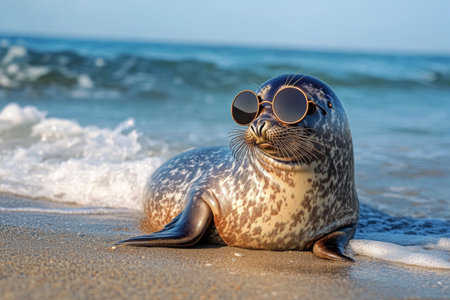 A cheerful seal relaxes on a sunny beach, sporting round sunglasses. The gentle waves roll in, adding to the playful summer vibe, creating a perfect coastal escape for this adorable creature.の素材
