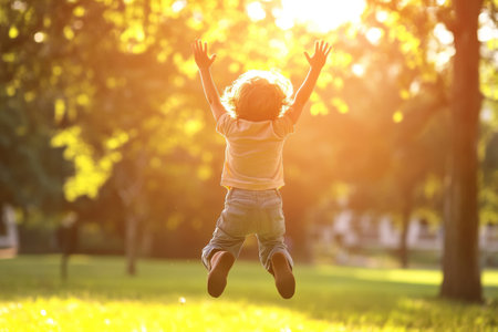 A child leaps with joy in a park, surrounded by greenery and bathed in golden sunlight. The moment captures pure happiness as the sun sets in the background.の素材