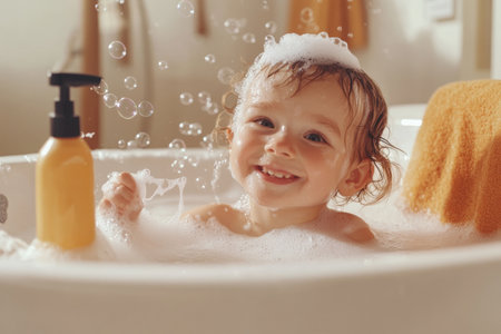 A cheerful child is having fun playing with bubbles in a spacious bathtub. The warm setting features a shampoo bottle close by, creating a delightful atmosphere for playtime and relaxation.の素材