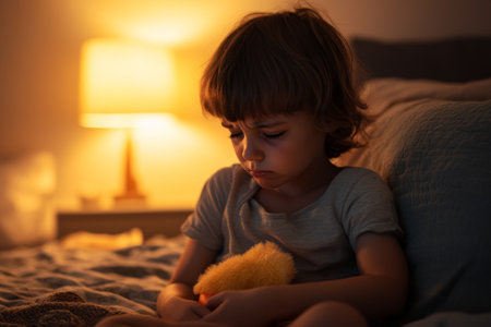 A child sits quietly in a softly illuminated bedroom, holding a plush toy in their lap, gazing downwards with a look of sadness. The warm light creates an emotional atmosphere.の素材