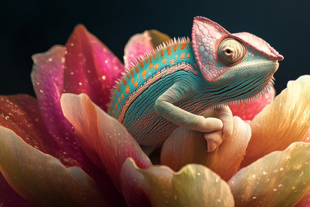 A striking chameleon showcases its vivid colors while perched gracefully on a blooming tropical flower. The vibrant scene is alive with rich textures and hues, captured in incredible detail.の素材