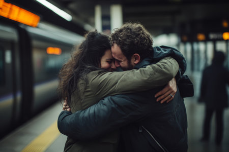 In a busy train station, a couple shares a tight hug, expressing deep emotions during their long-awaited reunion. The moment captures love and connection amidst the surrounding activity.の素材