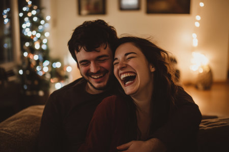 A couple is sharing a joyful moment in a cozy living room filled with warm lighting and festive decorations. Their laughter fills the air as they embrace, creating a heartwarming atmosphere.の素材