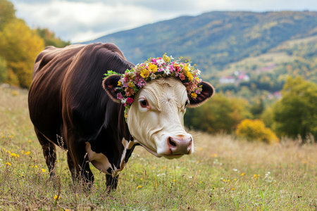 A charming cow adorned with a colorful flower crown grazes peacefully in a lush meadow. The backdrop features majestic mountains and a serene sky, highlighting natures beauty.の素材