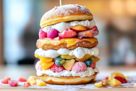 This playful dessert burger showcases layers of colorful donuts filled with whipped cream and topped with a variety of fresh fruits. Perfectly styled for a fun treat.の素材