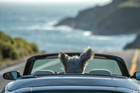 This cheerful dog rides in a convertible car with its ears flapping joyfully in the wind as it travels along a picturesque coastal road on a bright day, enjoying the fresh air and stunning views.の素材