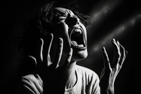 A figure expresses profound anguish, screaming into their hands. Intense shadows and light contrast bring depth to the emotional portrayal. The dark setting enhances the feeling of despair.の素材