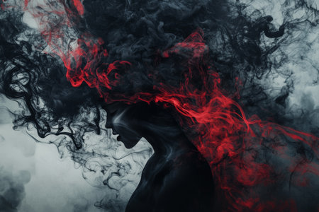 A figure enveloped in swirling black and red smoke evokes deep feelings of emotional pain. The composition highlights the intensity of inner struggles through striking imagery.の素材