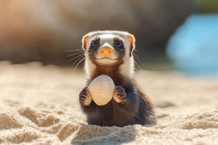 A curious ferret is enjoying a sandy beach while holding a seashell in its paws. The sun casts a warm glow, highlighting the playful spirit and natural environment around it.の素材