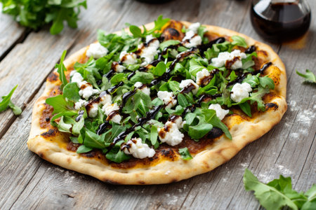 Delicious flatbread pizza features fresh greens, goat cheese, and a balsamic drizzle, beautifully styled on a rustic wooden table perfect for any casual dining setting.の素材