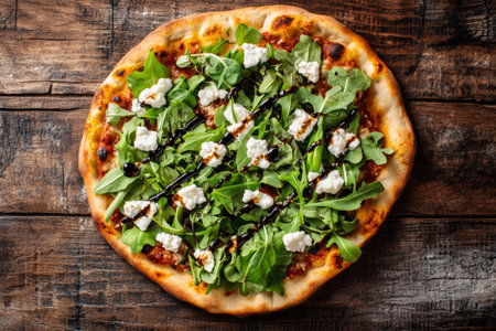 Savory flatbread pizza features a generous layer of fresh greens, creamy goat cheese, and a drizzle of balsamic on a rustic wooden table, showing vibrant colors.の素材