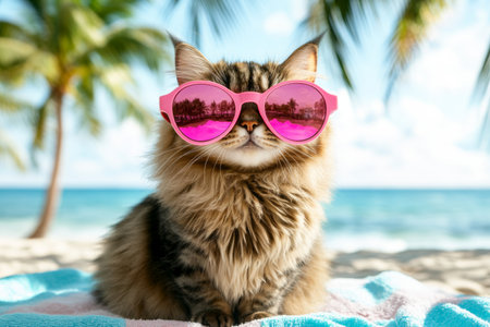 A fluffy cat sits on a beach towel, sporting oversized pink sunglasses. Palm trees sway gently as the ocean sparkles in the background, creating a relaxing beach atmosphere.の素材