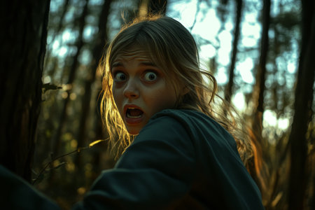 In a dense forest, a girl looks over her shoulder, her wide eyes revealing fear. The dramatic lighting enhances the eerie mood, emphasizing her anxious expression in the twilight.の素材