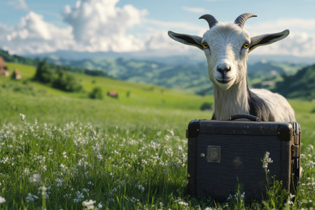 A goat curiously investigates a vibrant green meadow. Next to it, a small suitcase rests on the grass, reflecting the peaceful countryside atmosphere under a bright blue sky.の素材