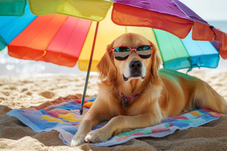 A golden retriever lounges comfortably on a vibrant beach towel underneath a multi-colored umbrella. The dog sports sunglasses, enjoying the sunny seaside atmosphere.の素材