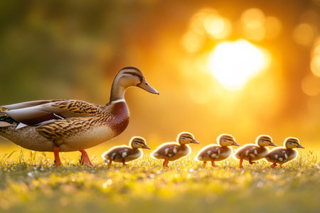 A group of baby ducks waddles closely behind their mother, crossing a meadow illuminated by warm sunlight. The tranquil atmosphere highlights the gentle afternoon.の素材