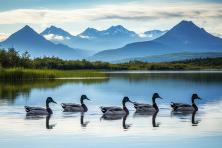 A group of ducks paddles smoothly across a tranquil lake surrounded by breathtaking mountains under a clear blue sky. The atmosphere is peaceful and inviting.の素材
