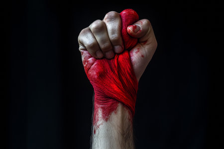A hand clutches tightly to a piece of red-stained fabric, conveying a sense of intense emotional or physical pain. The minimalist dark background enhances the focus on the grip.の素材