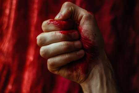 A hand grips tightly onto red-stained fabric, symbolizing deep emotional or physical pain, contrasting with a minimalist background that enhances the intensity of the scene.の素材