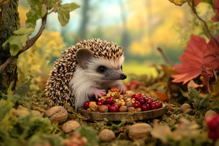 A hedgehog sits contentedly at a little picnic surrounded by a variety of berries and nuts in a vibrant woodland during autumn. The playful creature enjoys each tasty treat in its cozy environment.の素材
