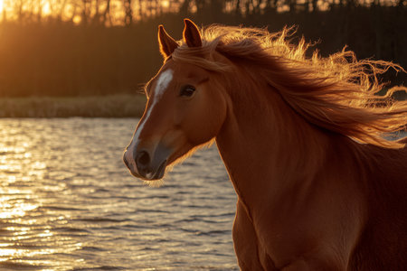 A horse gracefully trots along the shoreline during sunset, its flowing mane catching the light. The warm hues of the sky reflect on the water as a peaceful atmosphere envelops the scene.の素材